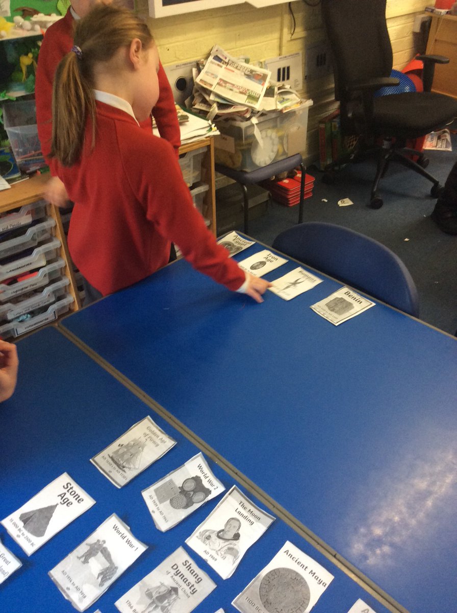stmatprimaryY3's tweet photo. In #history today, we tried ordering a #timeline of different civilisations and periods into chronological order. It was really interesting to watch them trying to work out why the dates were labelled AD and BC. #school #ks2 https://t.co/O7i6HG91oy
