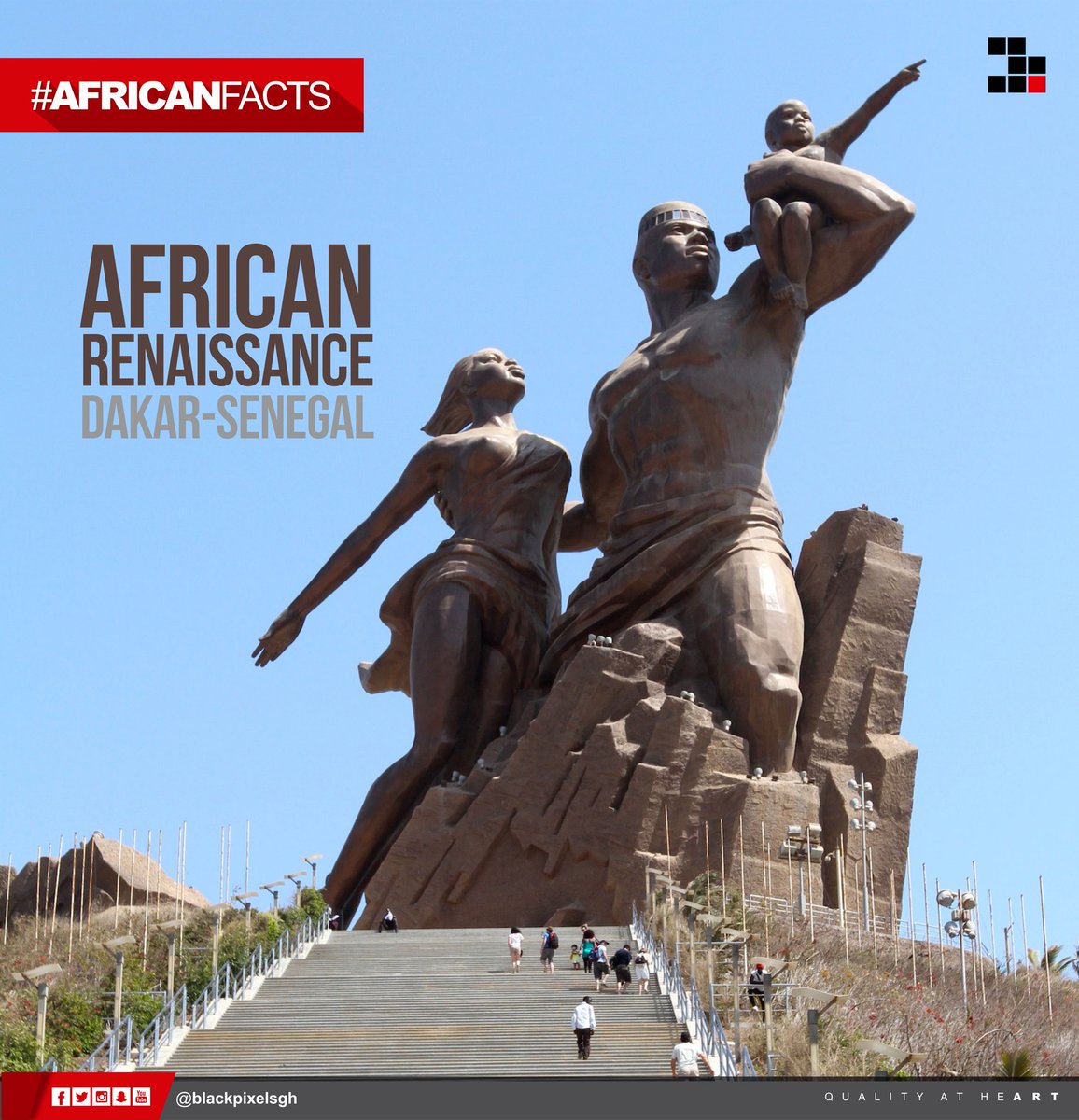 BlackPixelsGh's tweet photo. “African Renaissance” is located near the airport in Dakar (Senegal) and stands 49m tall on the top of a 100m high hill. It is the tallest statue in the world outside of Eurasia.
#Africanfacts #blackpixels #brand #Graphics #QualityAtHeart #design #advertisement #TGIF #Africa https://t.co/Akp410hETR
