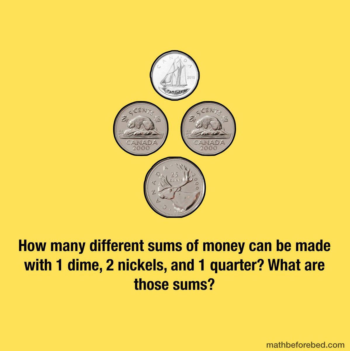 MathBeforeBed's tweet image. How many different sums of money can be made with 1 dime, 2 nickels, and 1 quarter? What are those sums?

Find more: mathbeforebed.com

#mathchat #iTeachmath #moneymath #parenting #mathbeforebed