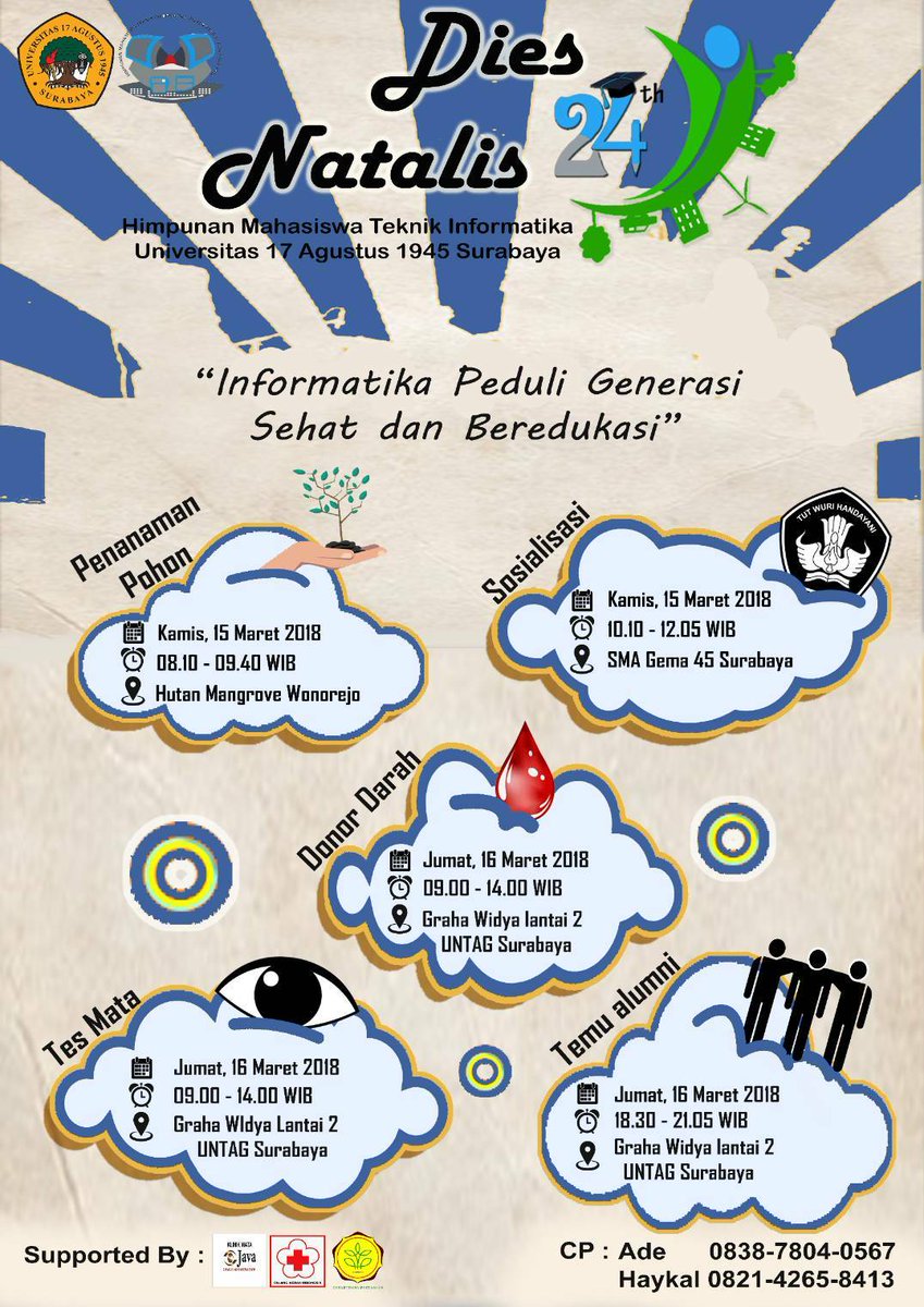 Hallo warga informatika 🙋

Datang dan ramaikan acara diesnatalis yang ke -24 yang bertemakan tentang "Informatika Peduli Generasi Sehat dan Beredukasi"

NP: more info hubungi CP yang tertera di poster