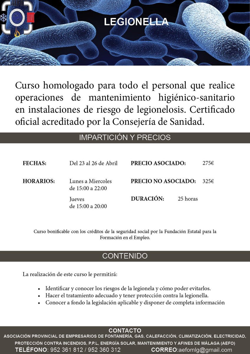 AEFOmlg's tweet photo. PRÓXIMO CURSO DE LEGIONELLA 
EN AEFO 
Interesados : 952 36 03 12 - 952 36 18 12
aefomlg@gmail.com https://t.co/XS6Gm2KO0e