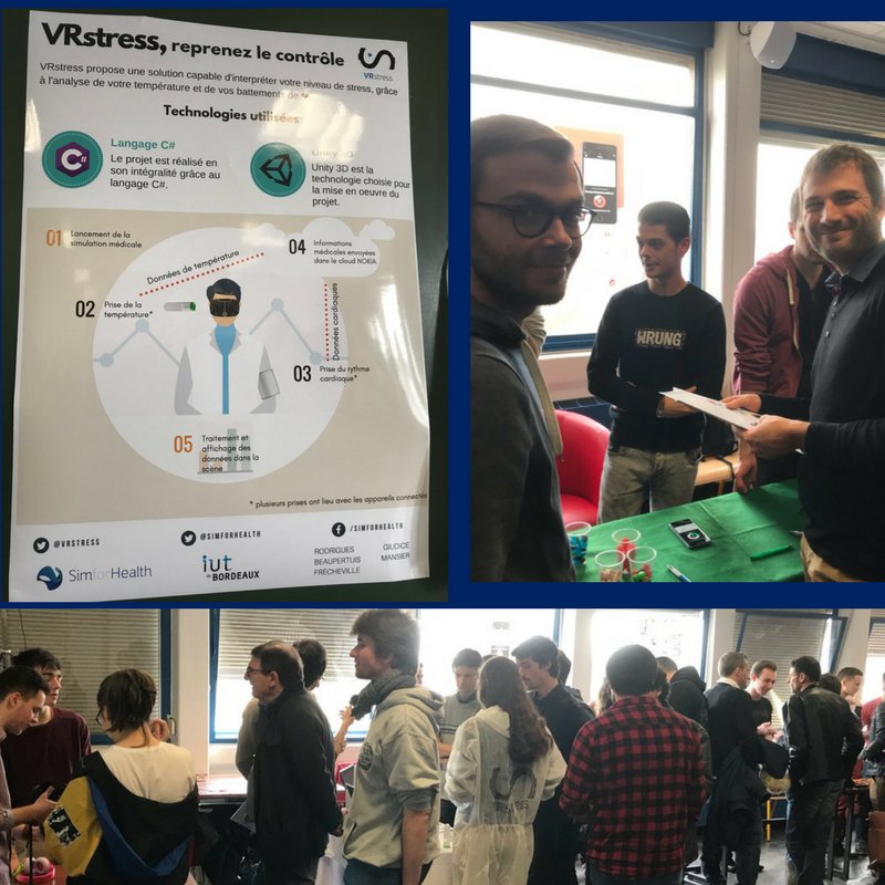 SimforHealth's tweet photo. "Reprenez le contrôle" | Le Projet @VRstress des étudiants de l'@iutInfoBdx présenté ce jour pour le prix du meilleur projet innovant.🏆 Analysez votre stress grâce à votre température et battements de coeur. Un projet soutenu par @SimforHealth #LPDawin #VR #Formation #GoodLuck https://t.co/aXlq1tYczO