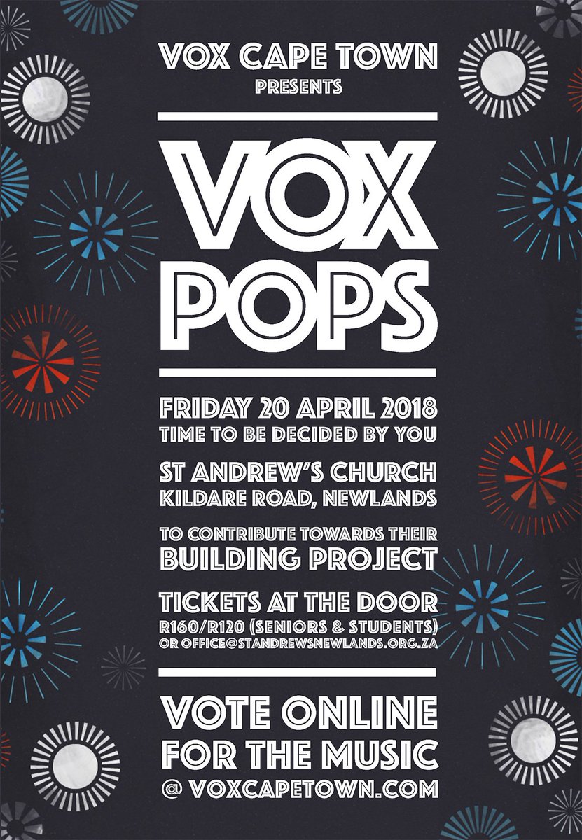 VOXCapeTown's tweet photo. Why "VOX Pops"? It's an abbreviation of the Latin "vox populi" - an informal interview to canvas opinion. We want to know what YOU think! Participate in our short poll (https://t.co/Xh4Vjrcouh) &amp; tell us which choral music you'd like to hear Fri 20 April @ St Andrew's, Newlands. https://t.co/sUSpe2uclT