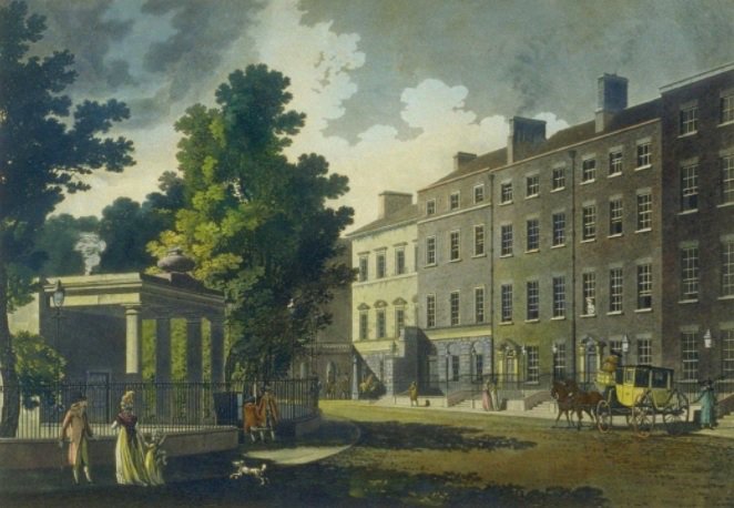 DublinWalkGuide's tweet photo. Malton's print (poor colour quality) is of Charlemount-House, built from 1762, and now the Hugh Lane Gallery, Parnell Square. In 1929 Dublin Corporation demolished a great part of it, keeping only the front rooms. The trees on the left are where the Garden of Remembrance is now. https://t.co/cyeMZLR8Ku