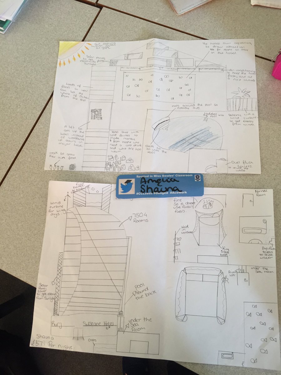 corpusleeds's tweet image. Spotted in Miss Swales' classroom, 8X3 working hard to create their own sustainable hotel in Dubai. They took into consideration the climate and the fact that Dubai is the 'golden city'. #CCLeeds #GeogEd #AceWork