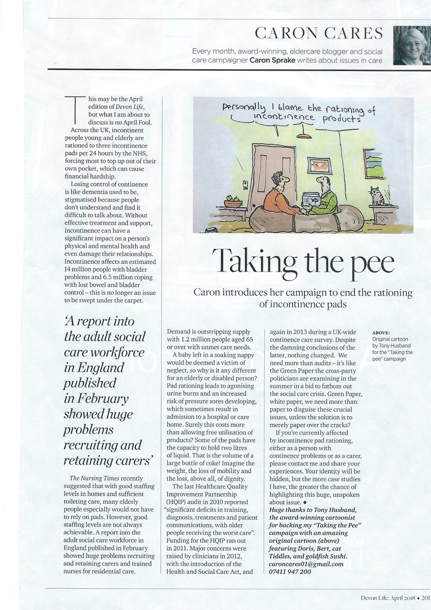 Devon Life being bold enough to tackle the issue of incontinence pad rationing when no one else will listen <a href="/TVVictoriaG/">Victoria Graham</a>