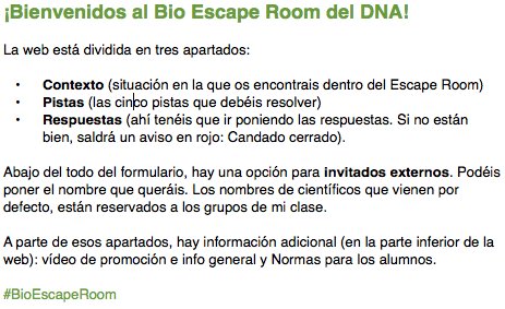 eneko_fc's tweet photo. Para quien lo desee, ya tengo el #BioEscapeRoom listo.
Es digital (ordenador, tablet...)
Adjunto pautas que os ruego leáis.
Es la versión beta, de modo que si encontráis algún error, por favor, decídmelo.
Que disfrutéis como yo lo he hecho preparándolo.
https://t.co/bfTsym95Z0 https://t.co/8PczRFoLAJ