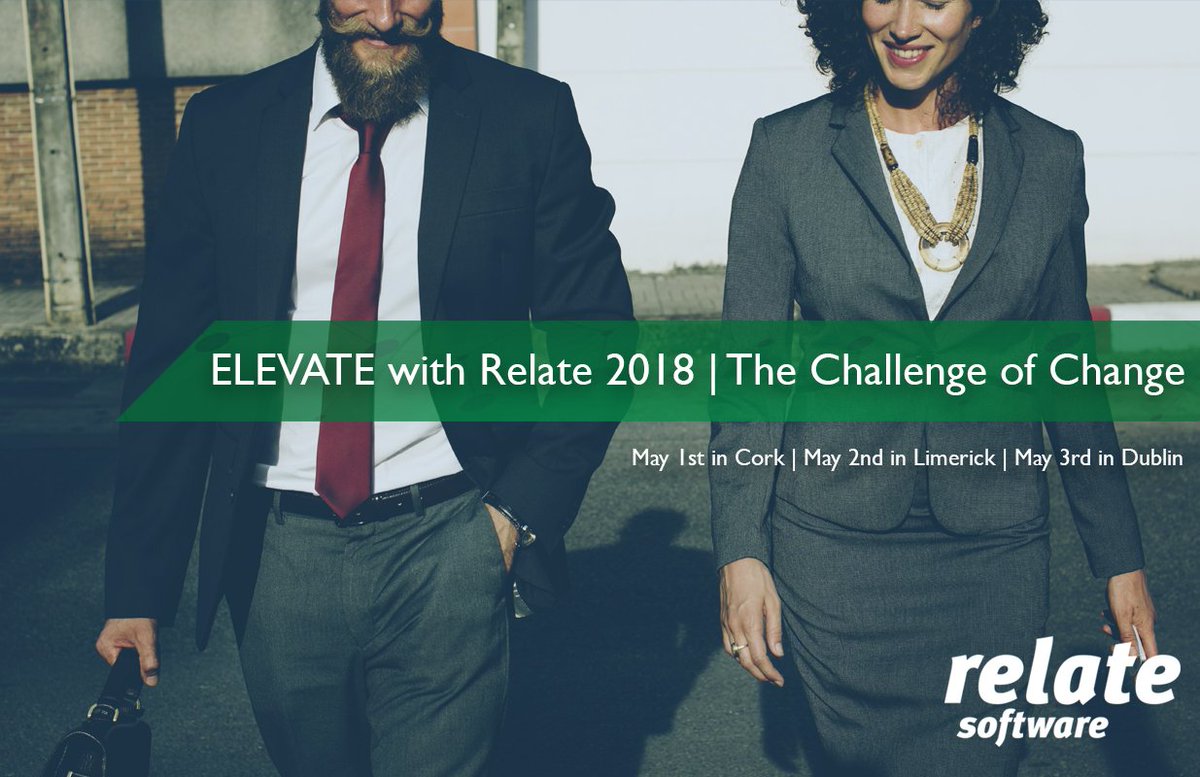 RelateSoftware's tweet photo. Announcing #ElevateWithRelate2018! We couldn't wait to share the good news. Our event will take place May 1st in Cork, May 2nd in Limerick and May 3rd in Dublin. More news to come, including lineup of speakers, so keep in touch and save the date! #RelateSoftware #Accounting https://t.co/C69WlGwjCe