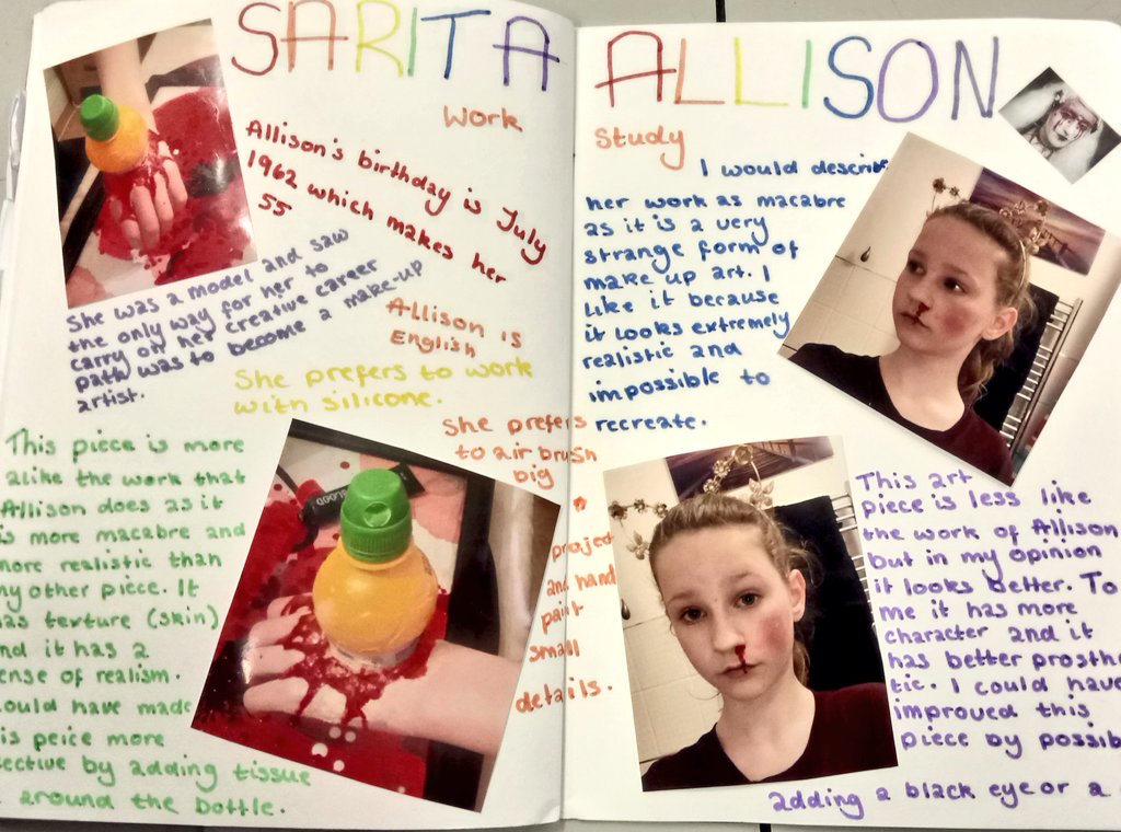 MissRichmondArt's tweet image. Year 8 #arthomework inspired by @saritaallison #art #ks3art #makeupartist #independentlearning