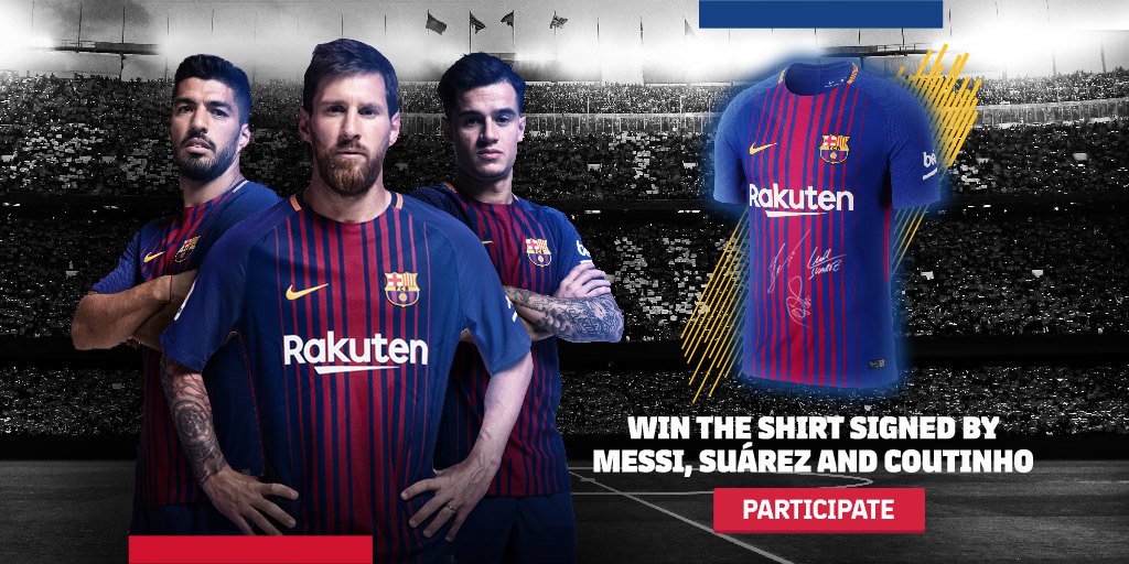 FCBarcelona's tweet photo. ⚡ You could win a shirt signed by Messi, Suárez &amp; Coutinho - enter now! ⭐
👉 https://t.co/TkCyk8NnHz https://t.co/ynTfsFFUI7