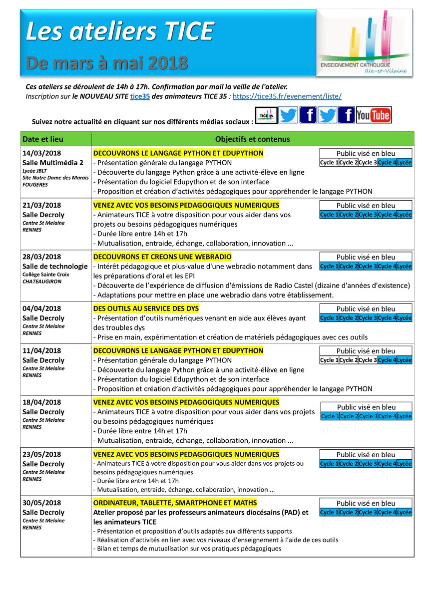 numerique2DEC35's tweet photo. Voici le programme de nos ateliers TICE de la #DDEC35. Nouveauté : venez avec vos besoins numériques pédagogiques. Pour plus d'informations, https://t.co/uQB84hOjk0 https://t.co/ReIR3HbGrB