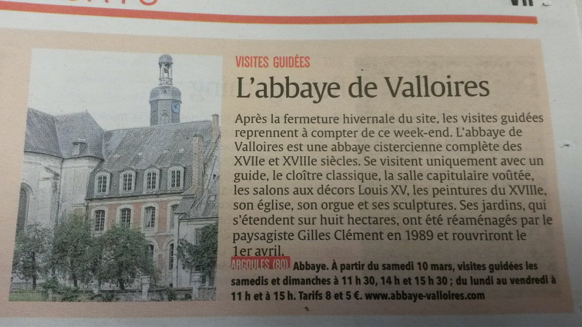 RÉOUVERTURE !
Le courrier picard en parle, les visites guidées de l'Abbaye reprendront demain jusqu'au 11 novembre 2018 !
Le week-end les visites sont à 11h30, 14h et 15h30 !
La semaine à 11h et 15h !
Nos guides sont prêts et vous attendent nombreux !