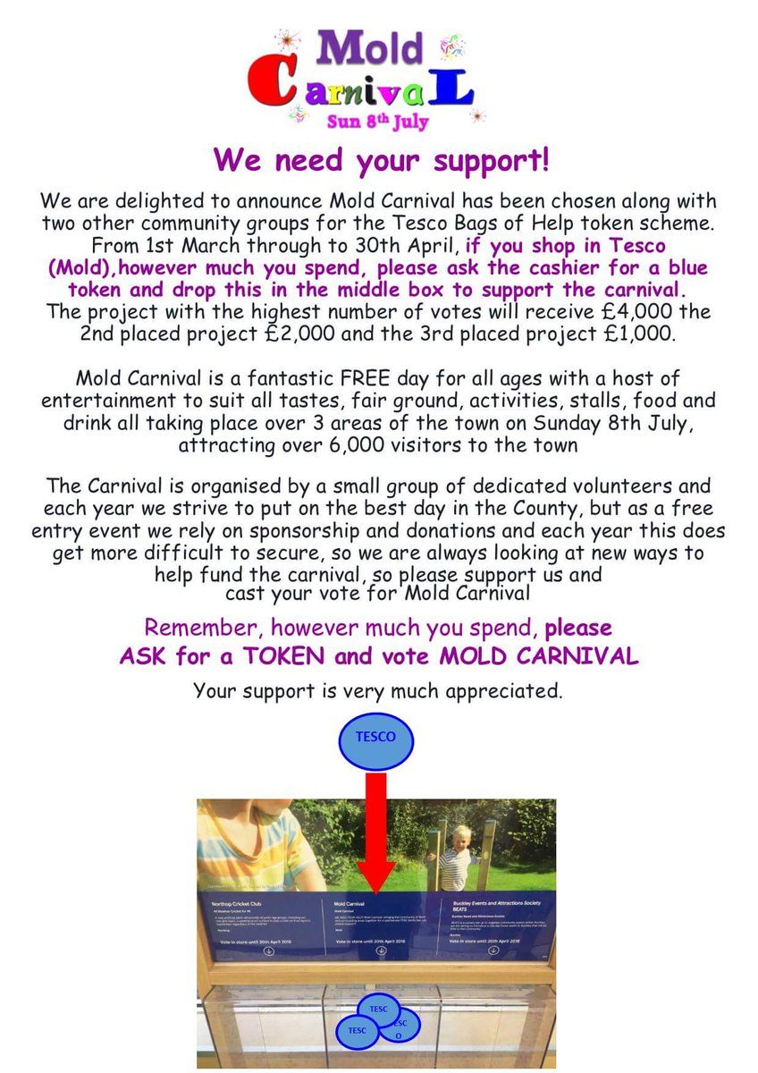 moldcarnival's tweet image. Pls support us when shopping in Mold Tesco, however m7ch you spend please ASK for blue token &amp;amp; drop in middle box for Mold Carnival. Thank you