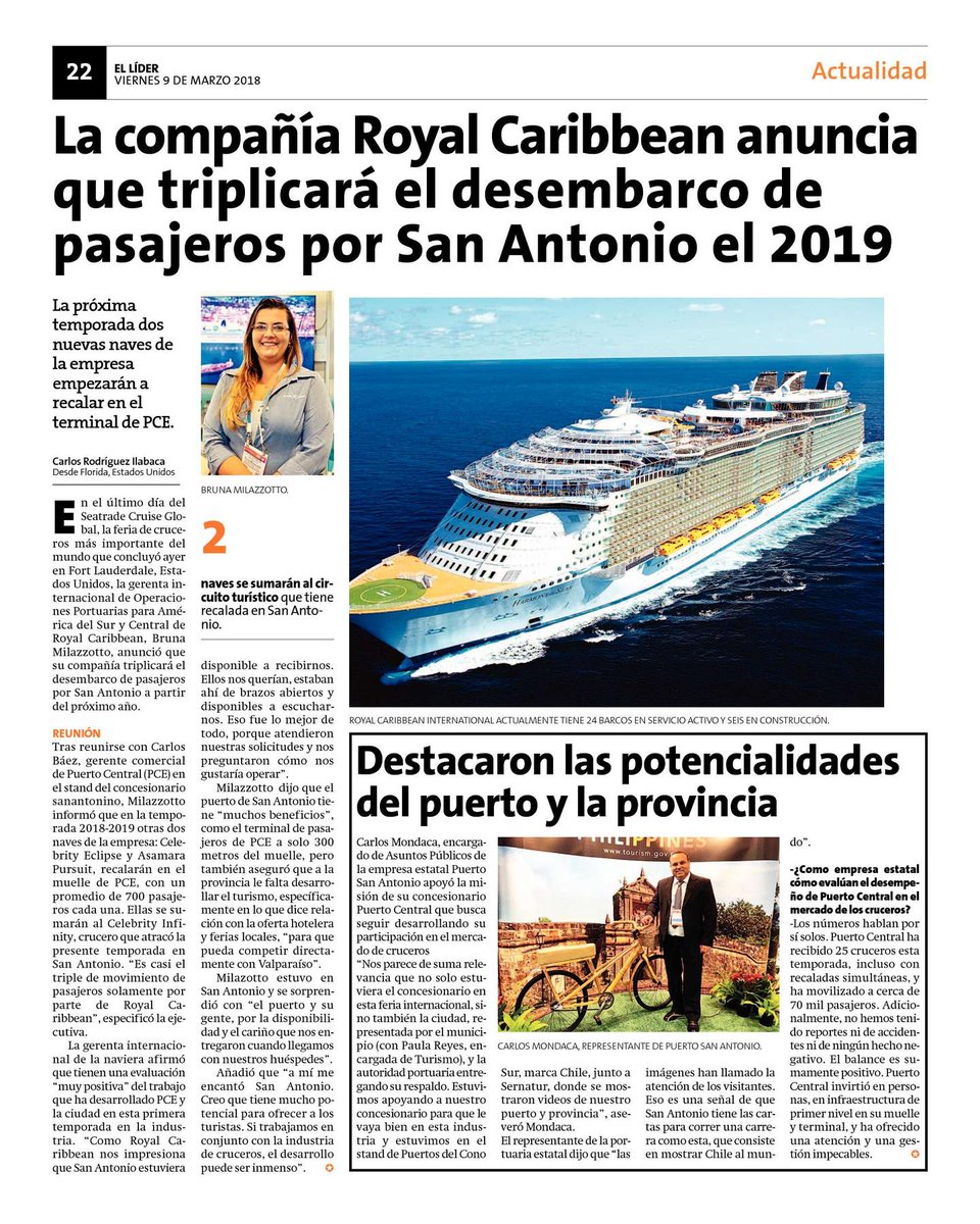 RodrigoOgalde's tweet image. La compañía Royal Caribbean anuncia que triplicará el desembarco de pasajeros en cruceros por @comunidadpce de @puertosantonio el año 2019 lidersanantonio.cl/impresa/2018/0…