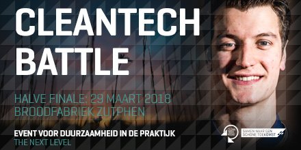 Kom do 29 maart naar de halve finale van de Cleantech Battle 2018! Tien genomineerde studenten van de <a href="/HANnl/">HAN University of Applied Sciences (HAN)</a>, <a href="/Saxion/">Hogeschool Saxion (inactief)</a> en <a href="/Windesheiminfo/">Hogeschool Windesheim (inactief)</a> pitchen hun unieke oplossing op het gebied van duurzaamheid. O.l.v. de beroemde illusionist George Parker. Aanmelden: cleantechcenter.nl/evenementen/ha…