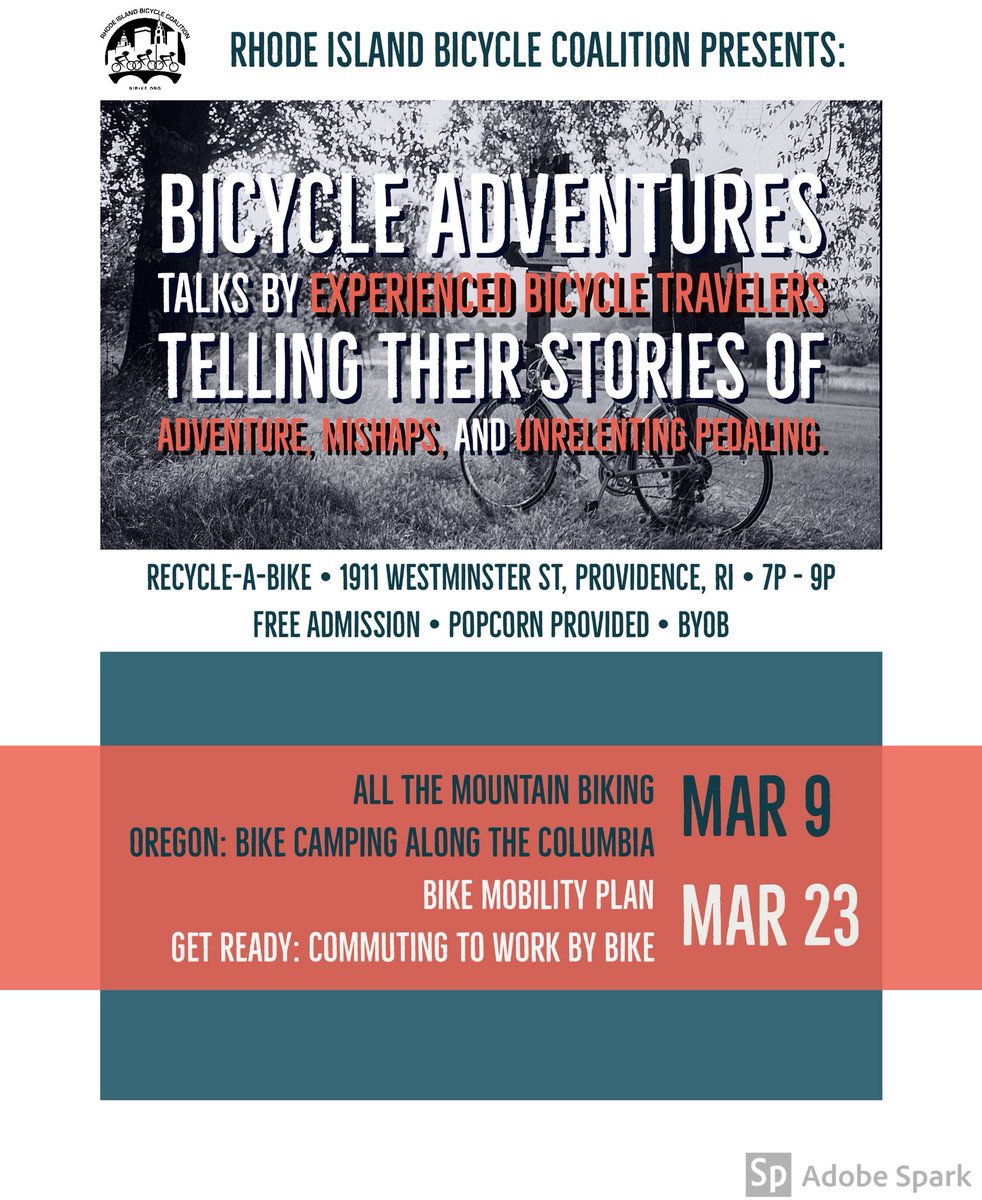 ribicycle's tweet photo. Bicycle Adventures TONIGHT. Go Mountain Biking 🚵🏻‍♀️ w/ Amanda Resch &amp; Bike Camping ⛺️ w/ Jack Madden! 7p-9p 1911 Westminster St, PVD. Doors open 6:30 - FREE popcorn 🍿 @legendbicycle @NEMBA_MTB @recycleabike @BikeNewportRI @nbxbikes @dashbicycle @Sustain_PVD @WRWC @gcpvd https://t.co/m1YKwBL79p