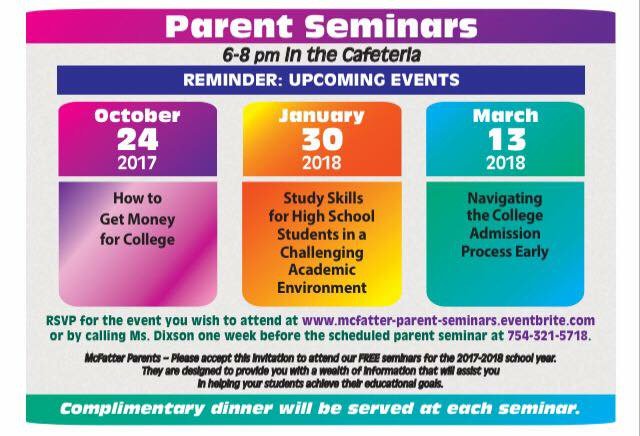 McFatter_Tech's tweet photo. MTHS Parents - Last chance to RSVP to attend the 3/13/18 parent seminar on “Navigating the College Admission Process Early.” You can RSVP by calling 754-321-5718 or online at https://t.co/c3rTDvIEuv 
**No walk-ins accepted.  Must RSVP.** #parentseminar https://t.co/VZLTaUDjD4