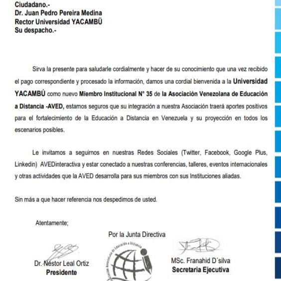 veaduny's tweet photo. La Universidad Yacambu cumplió con todos los requisitos para  ser miembro de la Asociación Venezolana de Educación a Distancia AVED.
SOMOS  UN REFERENTE POSITIVO EN LA EDUCACIÓN UNIVERSITARIA A NIVEL REGIONAL,  NACIONAL E INTERNACIONAL CON LOS ESTUDIOS A DISTANCIA (Online) https://t.co/Nk6DAVYiUk
