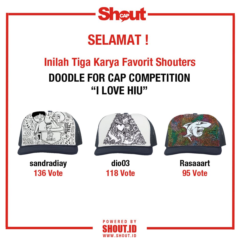 ShoutCap's tweet photo. Hai Shouters,

Setelah tertunda bbrp saat, inilah saatnya kita umumkan TIGA KARYA FAVORIT pilihan Shouters dari DOODLE FOR CAP COMPETITION “I LOVE HIU” yg berkolaborasi dg komunitas @BandungDoodle dalam rangka HUT DAI ke 3.
#ShoutCap #ShoutCapCompetition #doodleartindonesia https://t.co/dha2op2bYv