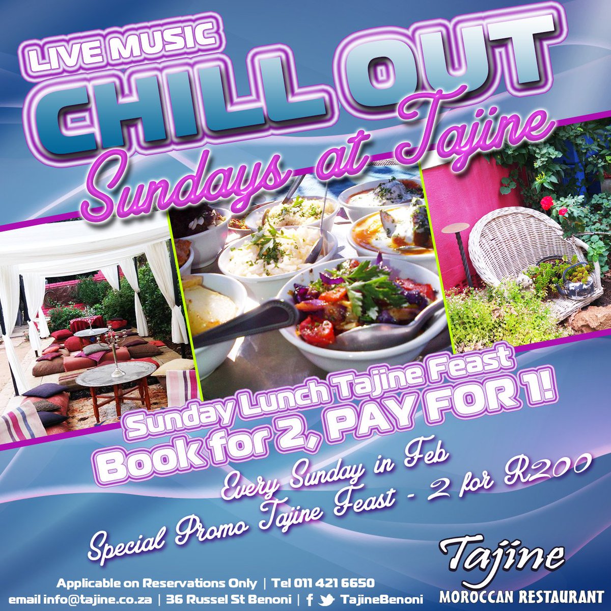 TajineBenoni's tweet photo. Book now for a Tajine Feast this Sunday, and you pay just R200 for 2 people  :) #BOGOF
Call us on 011 421 6650 or email info@tajine.co.za :)
Come chill our with us with LIVE MUSIC in our gardens from 12pm - the perfect Sunday! https://t.co/UTT3f7LYz7