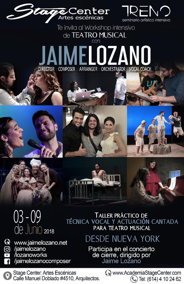 jaimelozano's tweet photo. Amigos, también nos vamos a Chihuahua. Junio 3-9 en #stagecenter. Taller de Acting the Song y concierto. Muy feliz de regresar a esta hermosa y calurosa ciudad. #actingthesong #taller #canto #actuación #chihuahua #broadway #teatromusical #musicales #musicaltheatre #jaimelozano https://t.co/GX38gfkSvY
