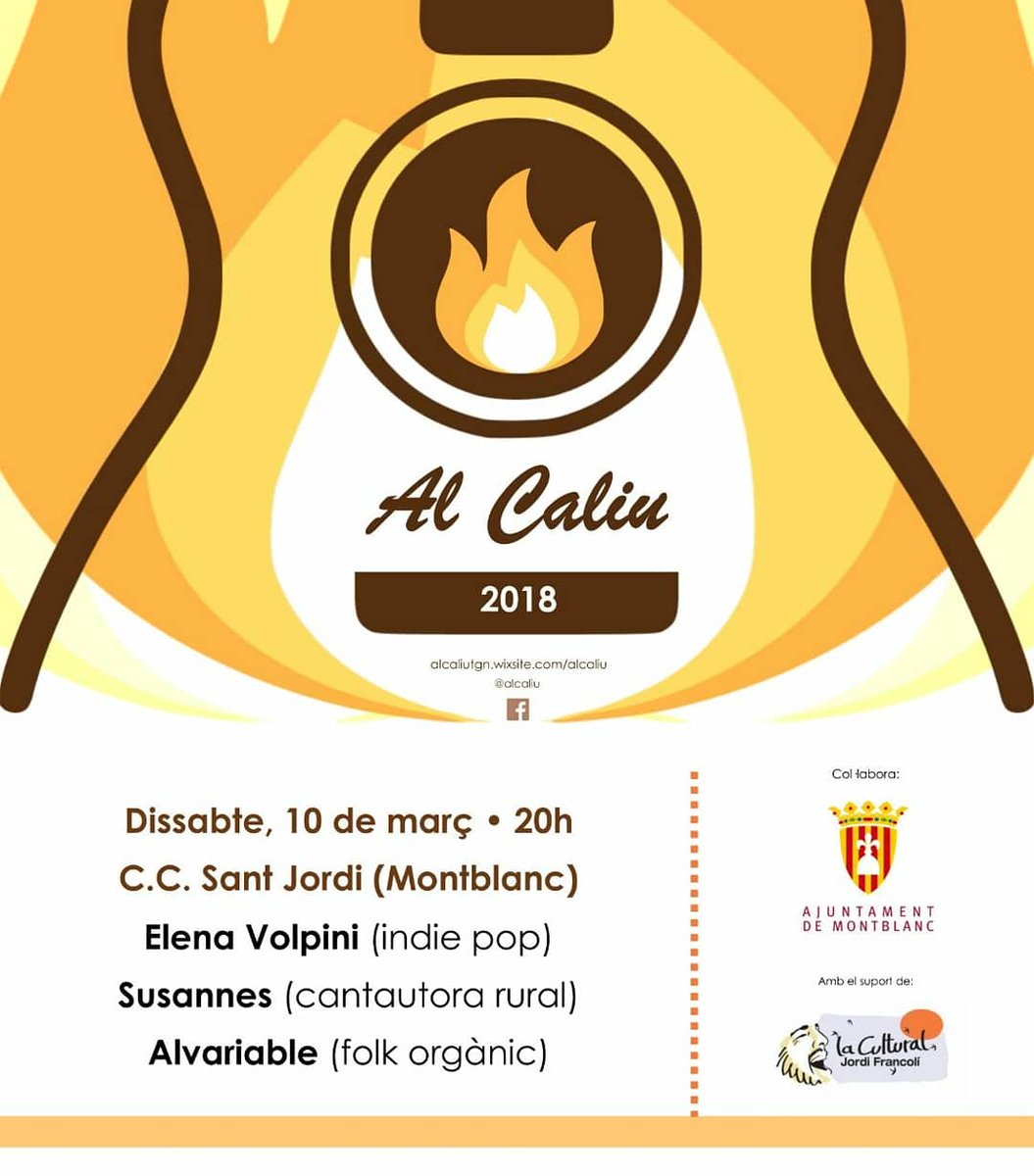 al_caliu's tweet photo. Demà tenim el 3r concert del cicle #AlCaliu2018! 🎶
🕗 És a les 20h al Centre Cultural Sant Jordi de Montblanc. Entrada lliure.
Podrem escoltar a:
- @Elena_Volpini (indie pop)
- #Susannes (cantautora rural)
- #Alvariable (folk orgànic) https://t.co/Rs5mDymiBX