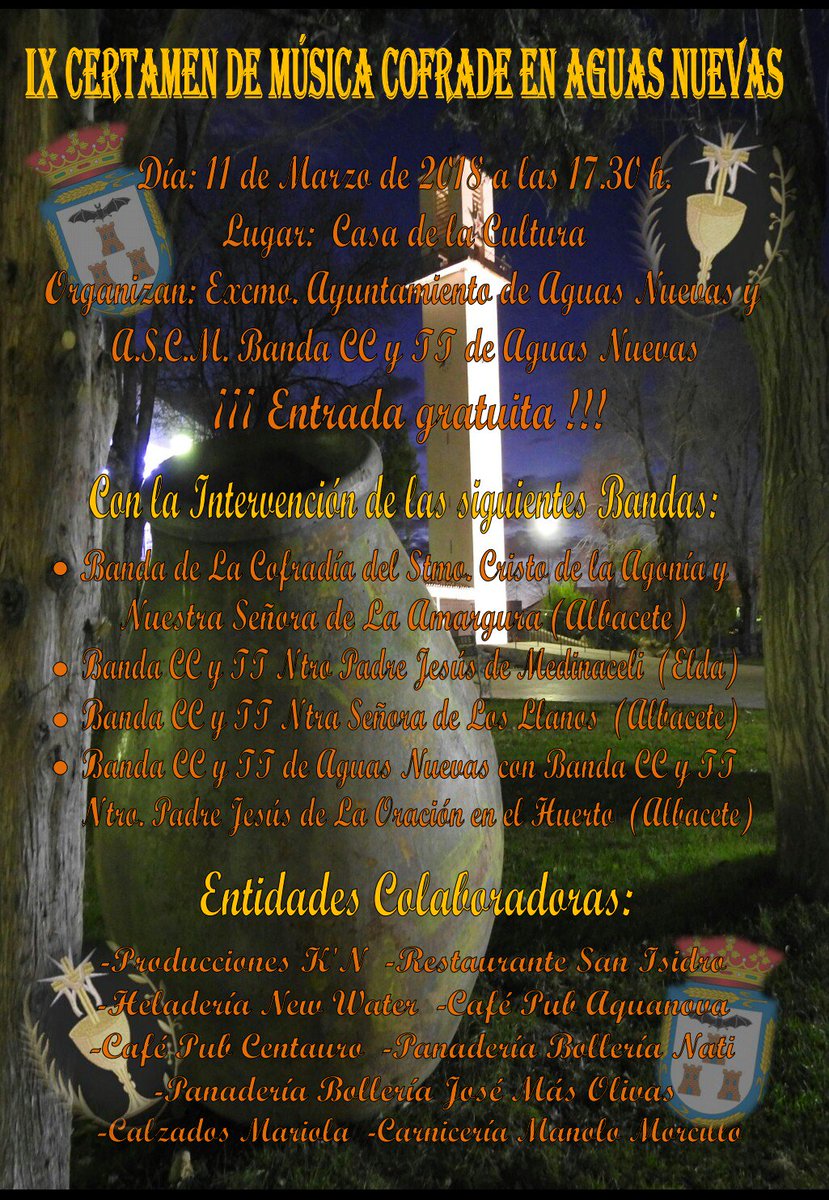Este domingo 11 de marzo a las 17:30 en la Casa de la Cultura de Aguas Nuevas se celebra el IX Certamen de Música Cofrade de Aguas Nuevas en el que participa nuestra Banda. ¡Os esperamos!