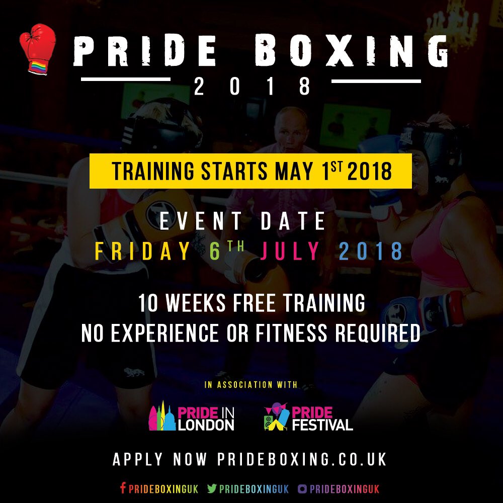 PrideBoxingUK's tweet photo. BREAKING: 

We are proud to announce that PRIDE BOXING is back for a second consecutive year in 2018! 

This is an official event of Pride in London with the proceeds supporting the LGBT community.

-------
REGISTER HERE:
https://t.co/FgqX7A9Yyo https://t.co/Esr8LUNjSY