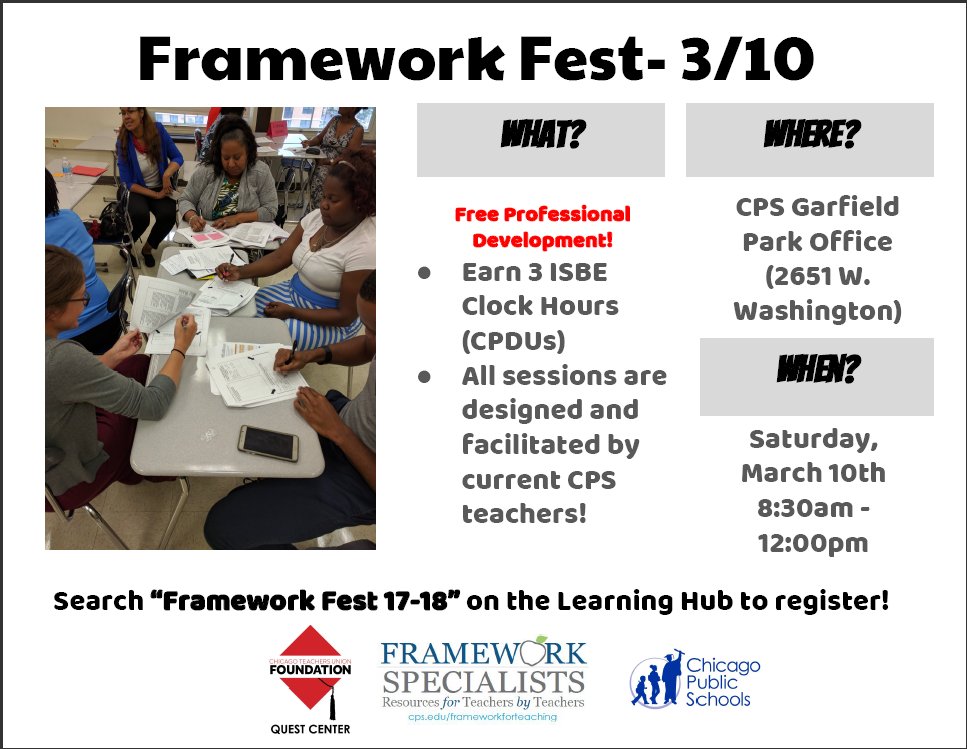FfTSpecialists's tweet photo. Spots still available for tomorrow's #FrameworkFest
Rgister now by searching "Framework Fest 17-18" on the Learning Hub!
Saturday 3/10, 2651 W. Washington Blvd.
Registration: 8:30
Sessions: 8:50-12:00 https://t.co/PW35utAgHQ