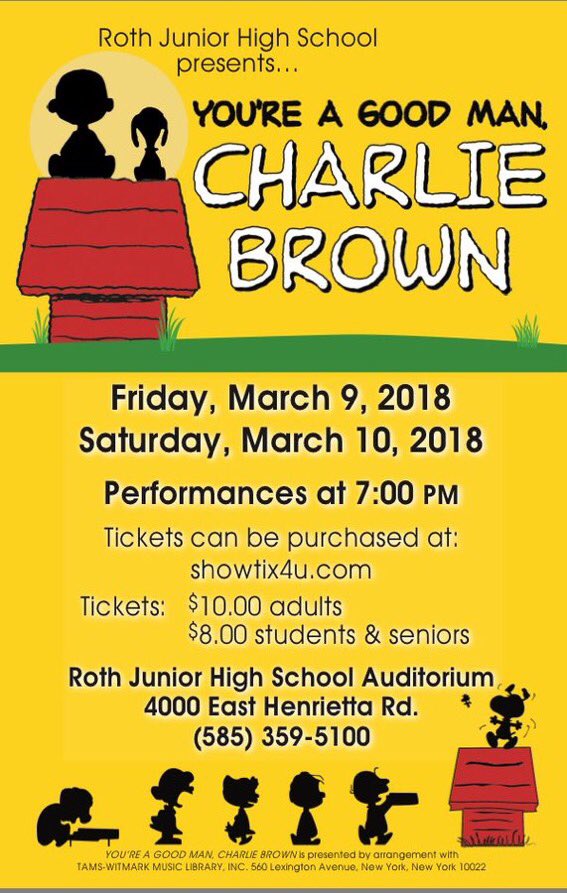 SenoraBriggs's tweet photo. Tonight and Tomorrow night! Come see Charlie Brown!! #RothJHS #RHpride @LisaFarina1 @MrsMacko @MrsKlee23 @tattooedSSteach https://t.co/mEg32wQkGN