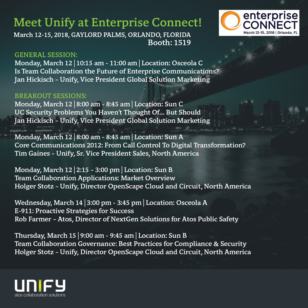 UnifyMitel's tweet photo. 👋 Come and see us at Enterprise Connect 18! #EC18 Booth: 1519, Gaylord Palms, Orlando, Florida. Register for a VIP tour: https://t.co/SUhxyhbXzQ https://t.co/HlxmgdoJtA
