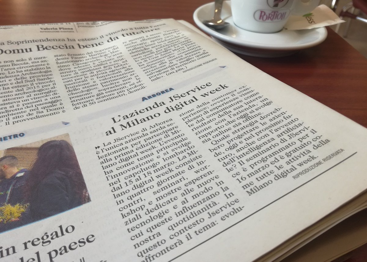 Consigli di lettura.

Oggi su <a href="/UnioneSarda/">L'Unione Sarda</a> Sarda si parla di #MilanoDigitalWeek e della Customer Experience di JService. Una buona lettura per accompagnare il caffè ;-)

#jsMilanoDigitalWeek
