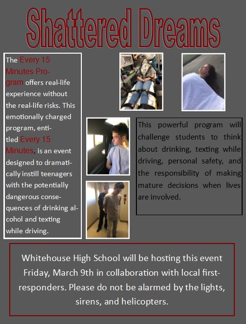 WhitehouseISD's tweet photo. (Part Two) Today, Whitehouse High School is hosting 'Shattered Dreams.'  DO NOT BE ALARMED BY THE EMERGENCY SERVICE VEHICLES at WHS. Local law enforcement, fire, EMS, and UT Air One are participating in the event. Let's have an outstanding day! #EncourageAChild https://t.co/Ph9FPAdaHM