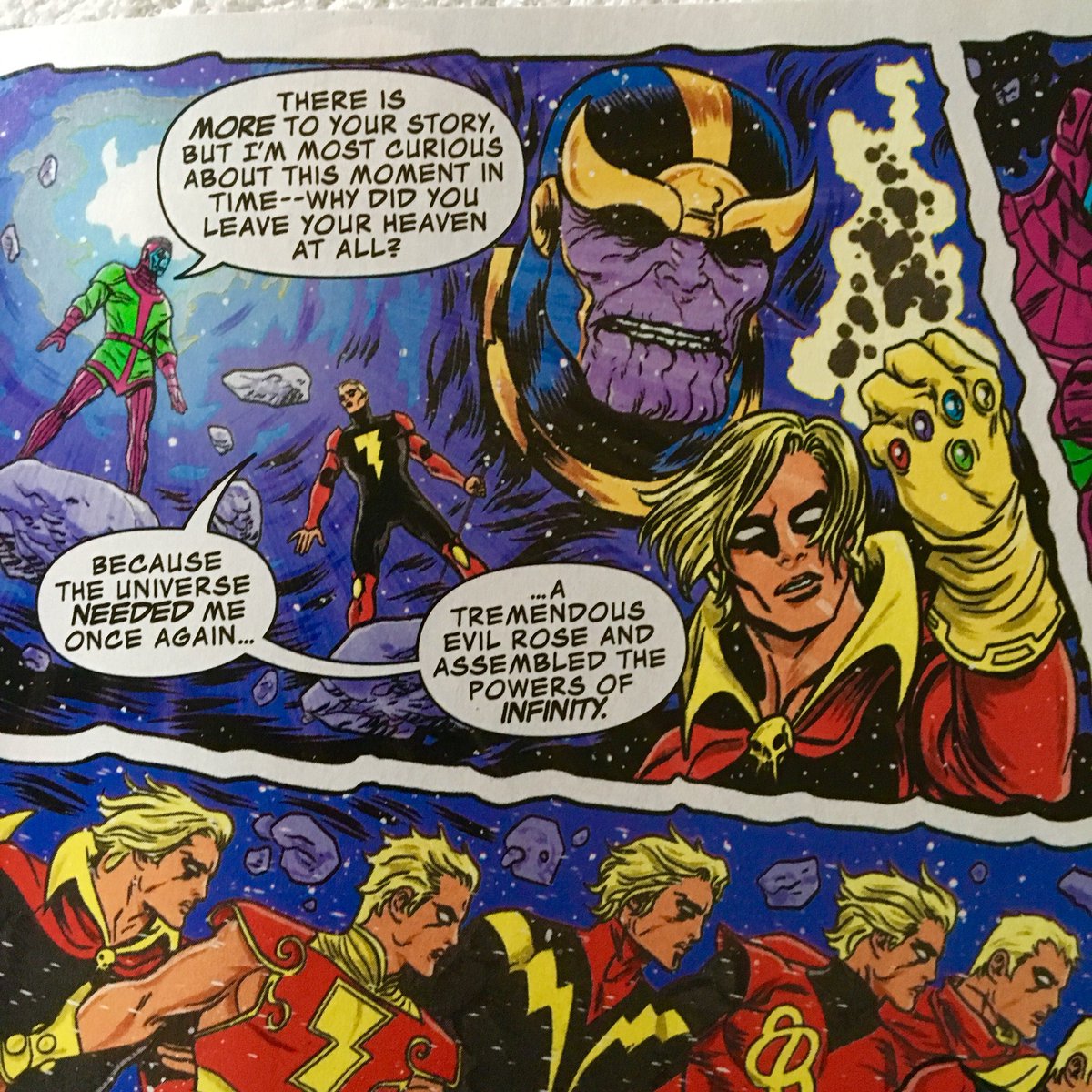 dano_cosmic's tweet photo. Late on this but wow! Amazing work by @GerryDuggan, @AllredMD, #LauraAllred, & team. Fantastic #MarvelCosmic goodness!!! 🤩
#InfinityCountdownAdamWarlock (1, 2018) #AdamWarlock #Kang #Drax #Gamora #Thanos #HighEvolutionary #InfinityGauntlet #PipTheTroll https://t.co/SUBnvQfz7G