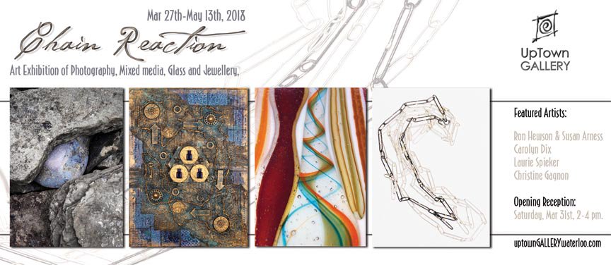 UpTownGalleryWR's tweet photo. Chain Reaction
Featuring Carolyn Dix, Christine Gagnon, Ron Hewson &amp; Susan Arness, and Laurie Spieker.
Opening reception is Sunday, March 31st, from 2:00 pm to 4:00 pm
Chain Reaction runs from Tuesday, March 27th to Sunday, May 13th, 2018 https://t.co/V62KeWVasy