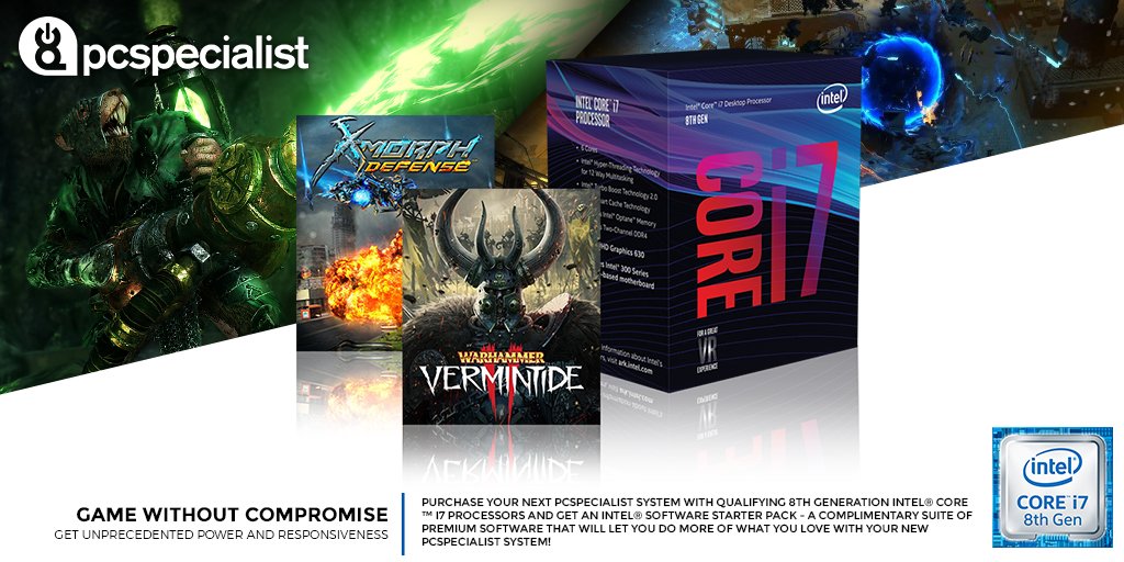 Pcspecialist Purchase Your Next Pcspecialist System With Qualifying 8th Gen Inteluk Core I7 Processors And Get An Intel Software Starter Pack Featuring Warhammer Vermintide 2 Xmorph Defense And More