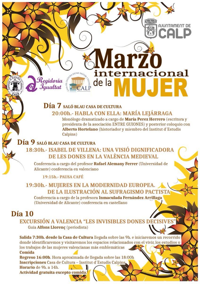 CalpNoticies's tweet photo. Esta tarde, en el Saló Blau de la Casa de Cultura de Calp:

18:30 horas: Coferencia sobre Isabel de Villena, a cargo de Rafael Alemany (en valenciano)

19:30 horas: Conferencia sobre mujeres en la modernidad europea, a cargo de Inmaculada Fernandez Arrillaga (en castellano). https://t.co/13yu3UbDTx