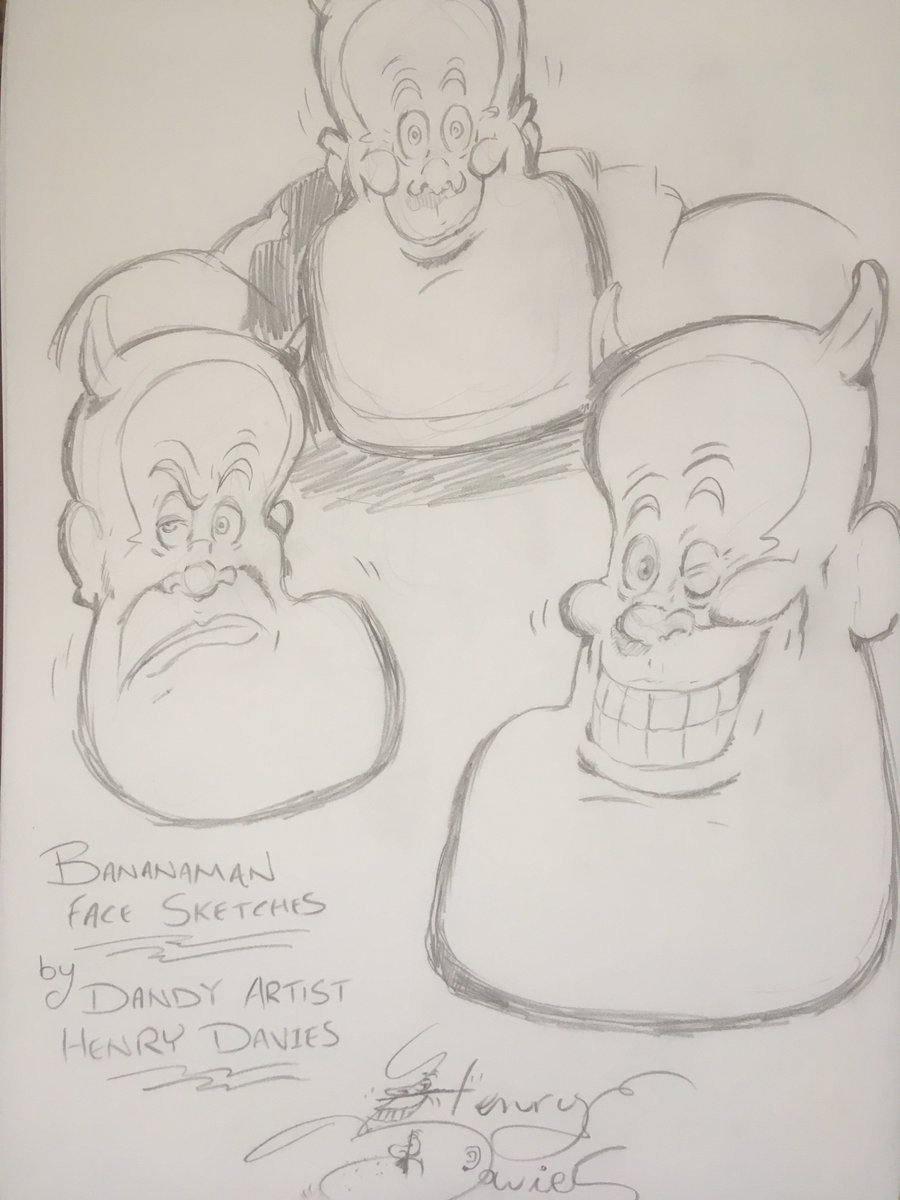 Bananaman sketches! 
I drew the big blue and yellow chap many times for The Dandy. 
This lovely sheet of drawings measures 16’ by 12’ inches A3 size. 
Just £65 including postage. 
henrydavies@henrydavies.com
