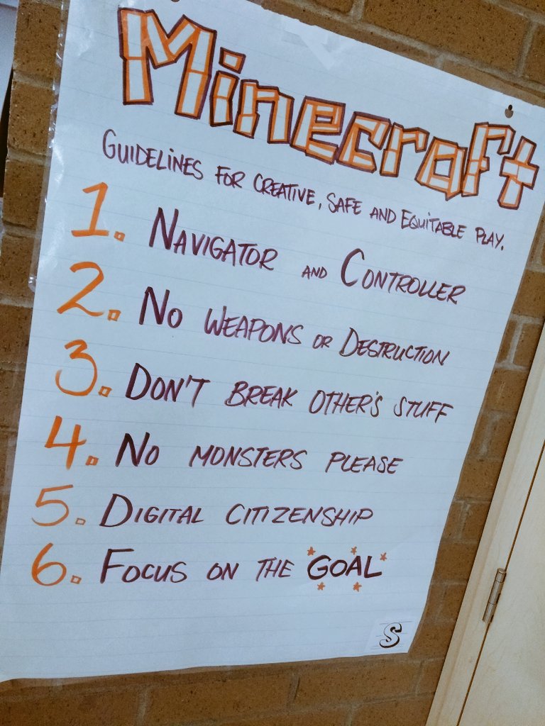 MrSchuermann's tweet photo. The @Comic_Book_Club #KidLit team reviewing our #Peel21st #DigCit #Minecraft rules for effective, collaborative play before working togther on their 'EPIC Base!' @PDSB_Libraries. https://t.co/ewYyOnbVKz