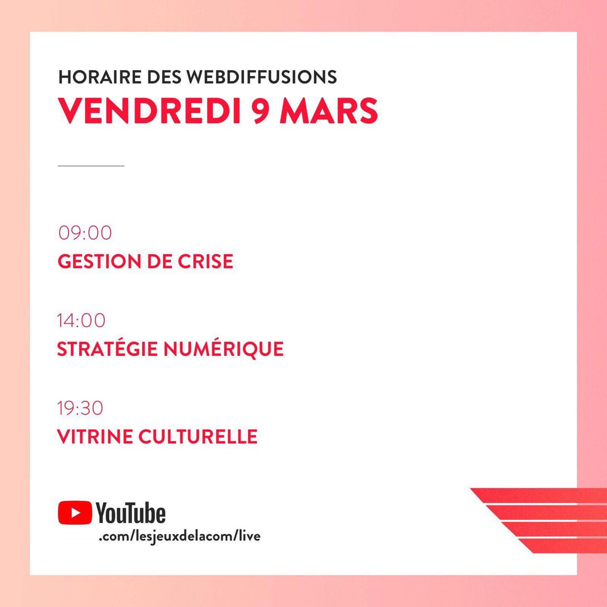 Voici l'horaire des webdiffusions aujourd'hui! On souhaite bonne chance à tous les délégués! 🙌🏻
