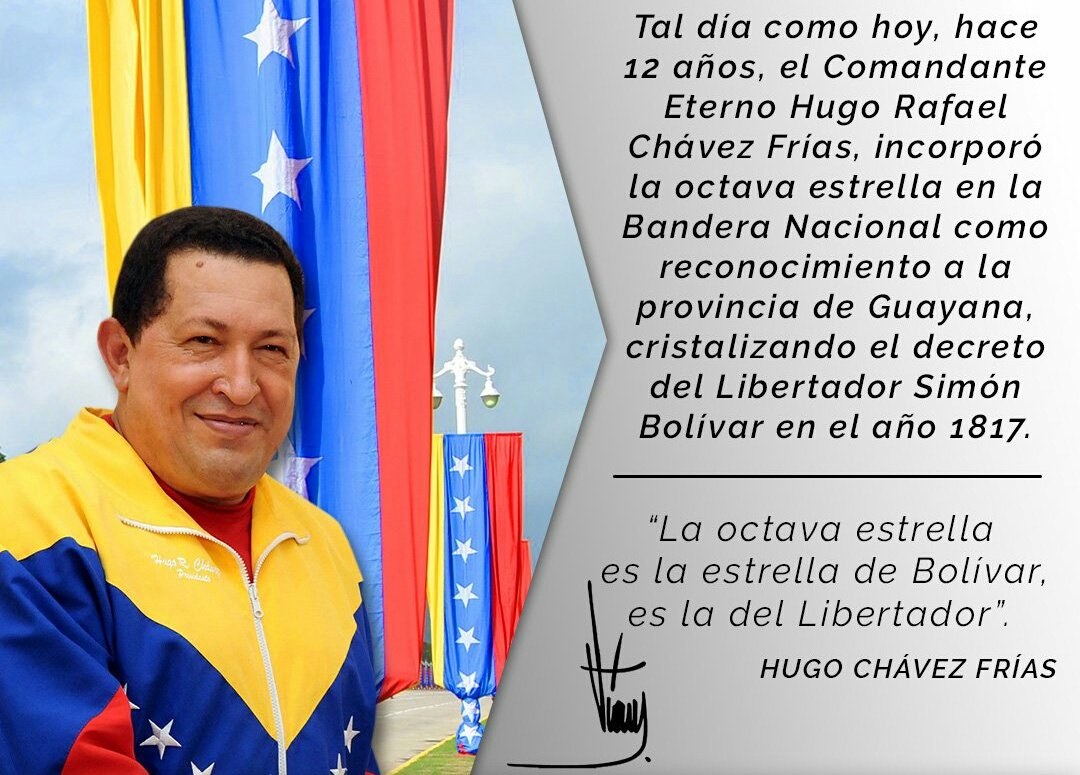 wcontreraspsuv's tweet photo. Tal día como hoy, un #9Marzo Hace 12 años, el Comandante #Chávez aprobó la inclusión de la #OctavaEstrella en nuestra #BanderaNacional, en representación de la provincia de Guayana y en honor al decreto del #LibertadorSimónBolívar del 20 de noviembre de 1817 https://t.co/fzGfc9B9R8