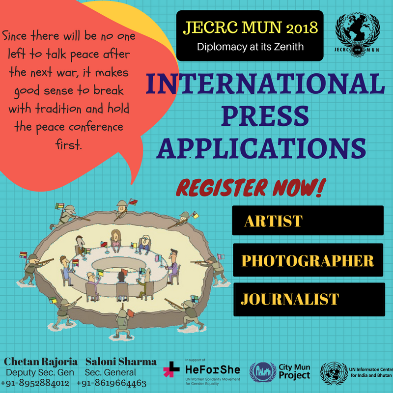 JECRC_MUN's tweet image. Calling out to all the photographers, reporters and caricaturists, to make an impact in the JECRC MUN 2018! 

Apply Here: jecrcmun.co.in/apply/ipapplic…

For more details visit:
jecrcmun.co.in

#JecrcMun #DiplomacyAtItsZenith #UniteToDebate #HeForShe #CityMun #UNIC