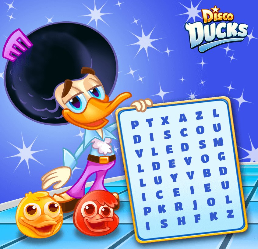 DiscoDucksGame's tweet photo. Quack! Quack! 😍 Duck Travolta is challenging you to find the words in his board! 😄 How many and which words can you find? #discoducksgame #disco #fun #travolta #dance #puzzle #words https://t.co/ca7yOj6Zua