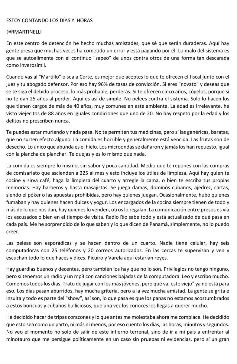 rmartinelli's tweet photo. Estoy contando los días y horas. Último escrito de Ricardo Martinelli. https://t.co/zPTxc2Iyew