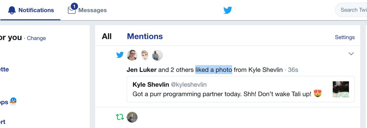Notifications screenshot: "Jen Luker and 2 others liked a photo from Kyle Shelvin"