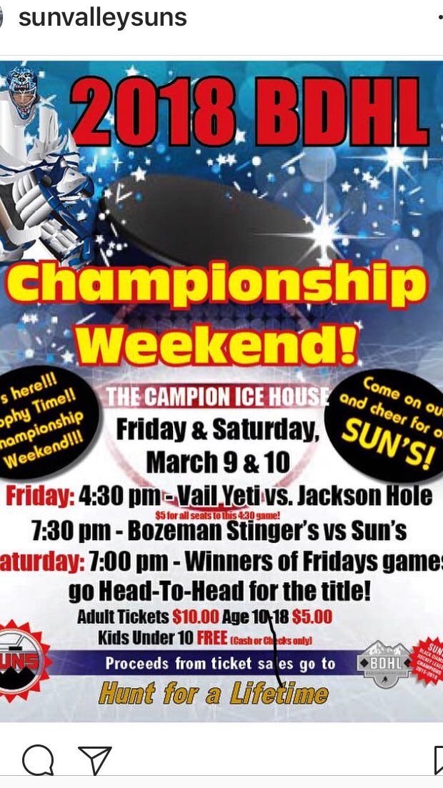 overspeedhockey's tweet photo. Good luck to our #BDHL friends & #championshipweekend in Sun Valley/Hailey Idaho! A #purehockey event! Great hockey action w/ a tad of “Mystery Alaska”! Sun Valley Suns-Vail Yeti-Bozeman Stingers-Jackson Hole Moose! https://t.co/DvGxMHubyr