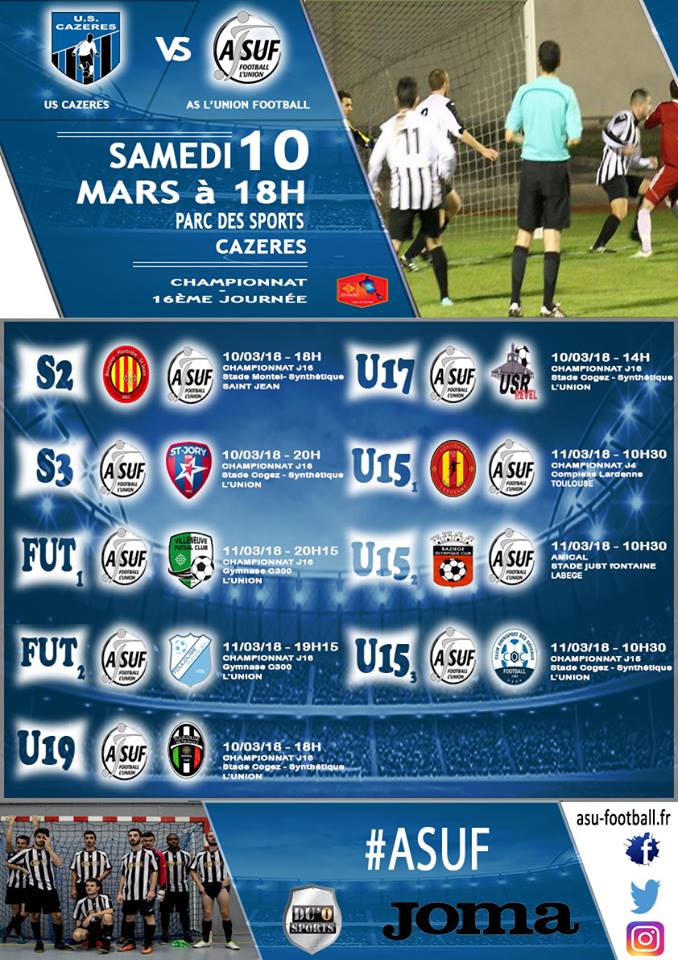 ASLUNION_Foot's tweet photo. C'est parti pour les matchs du week-end !!
Au programme un déplacement difficile pour nos séniors 1, un derby et pleins d'autres matchs !
Pas moins de 10 rencontres ce week-end
Amis supporter on compte sur vous 💪⚽👍😉 https://t.co/rVNkHoljEN