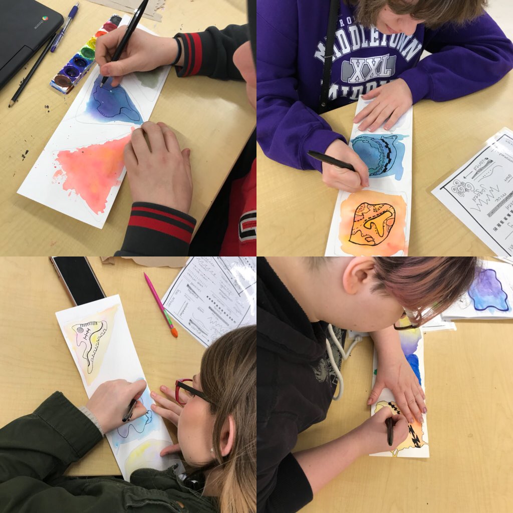 MsWands_ArtRoom's tweet photo. Yesterday we watercolored backgrounds (focusing on blending, color theory, &amp; the technique of a watercolor wash) &amp; now we are filling them in w/ line variations to practice line quality for our contour project! #MiddieArt @MHSMiddieTweets @MiddletownOH https://t.co/Fpj8EpgNBx