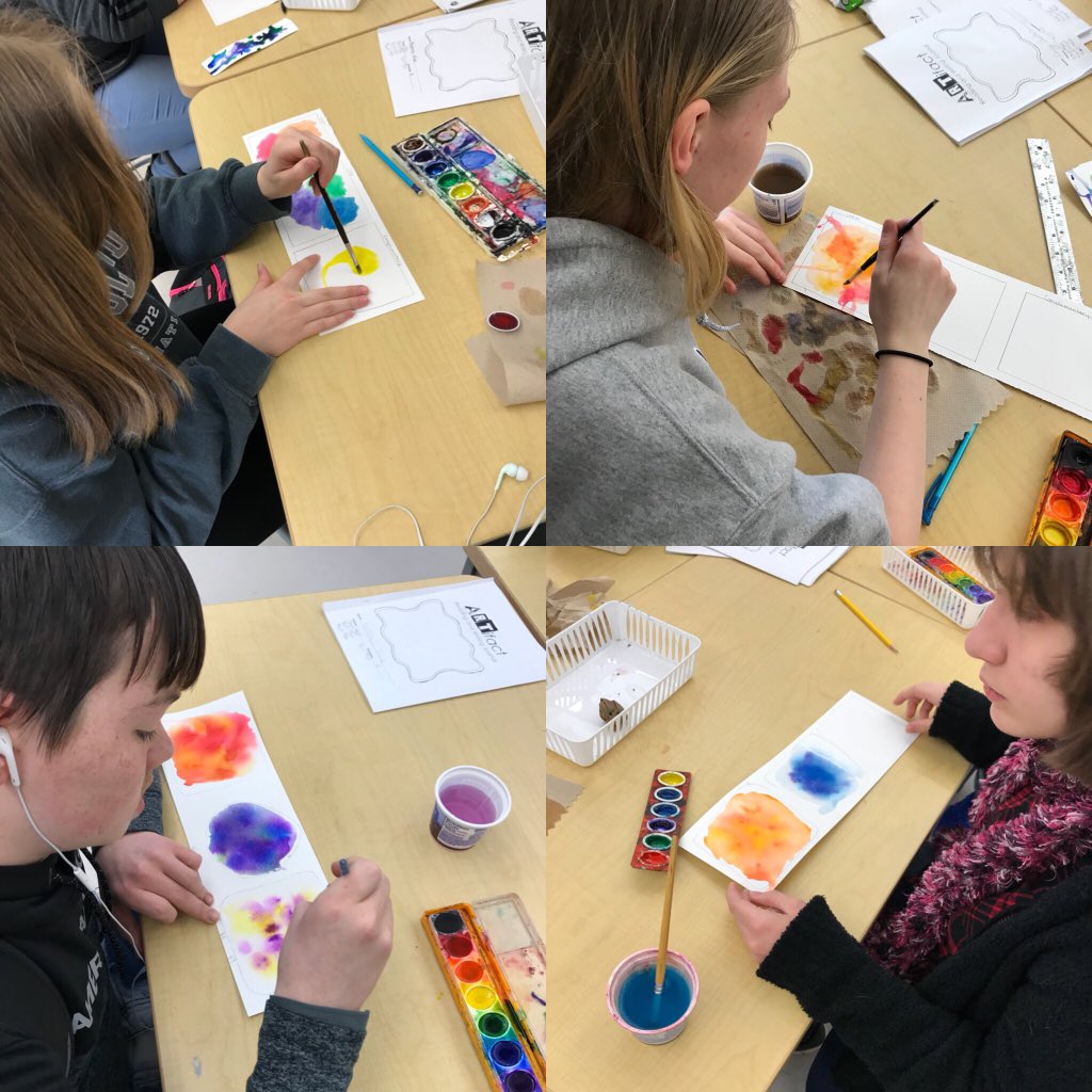 MsWands_ArtRoom's tweet photo. Yesterday we watercolored backgrounds (focusing on blending, color theory, &amp; the technique of a watercolor wash) &amp; now we are filling them in w/ line variations to practice line quality for our contour project! #MiddieArt @MHSMiddieTweets @MiddletownOH https://t.co/Fpj8EpgNBx