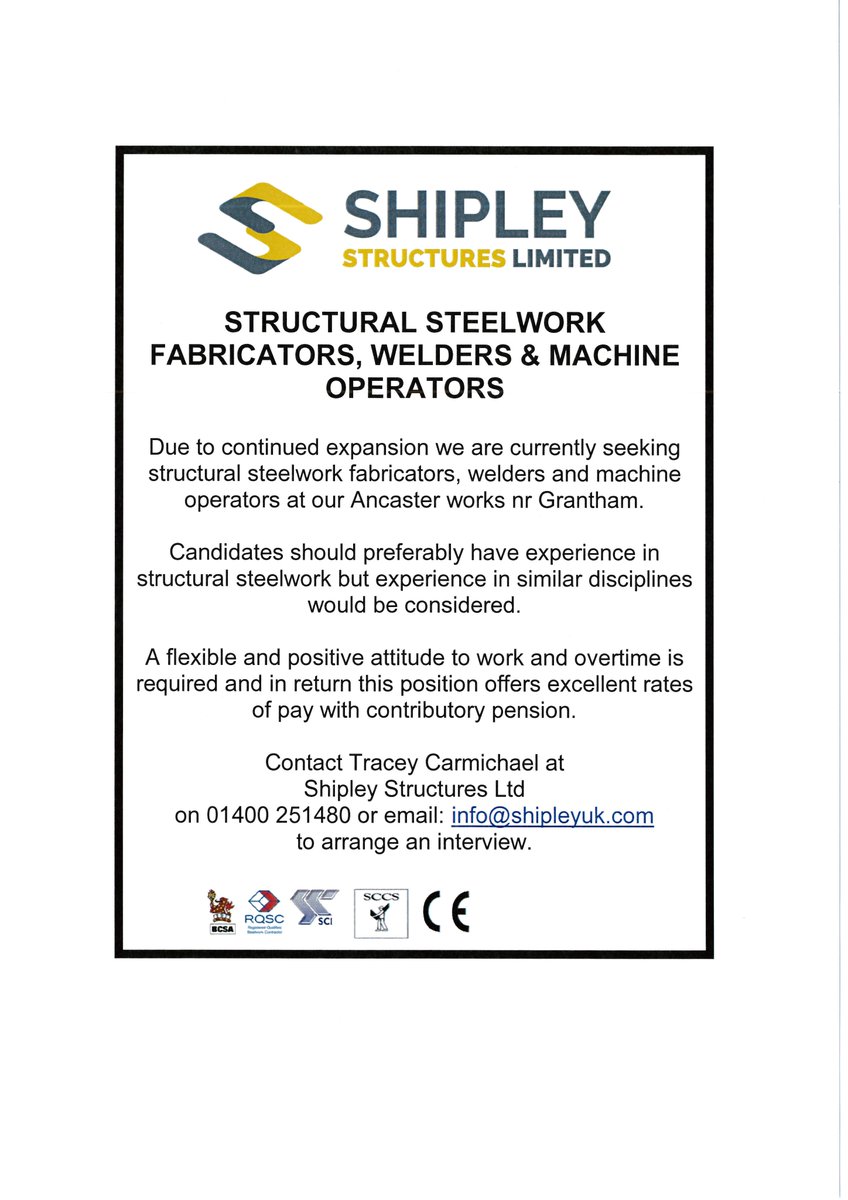 ShipleyUK's tweet photo. Shipley Structures Ltd - Works Vacancies https://t.co/ORVKYpmWH2